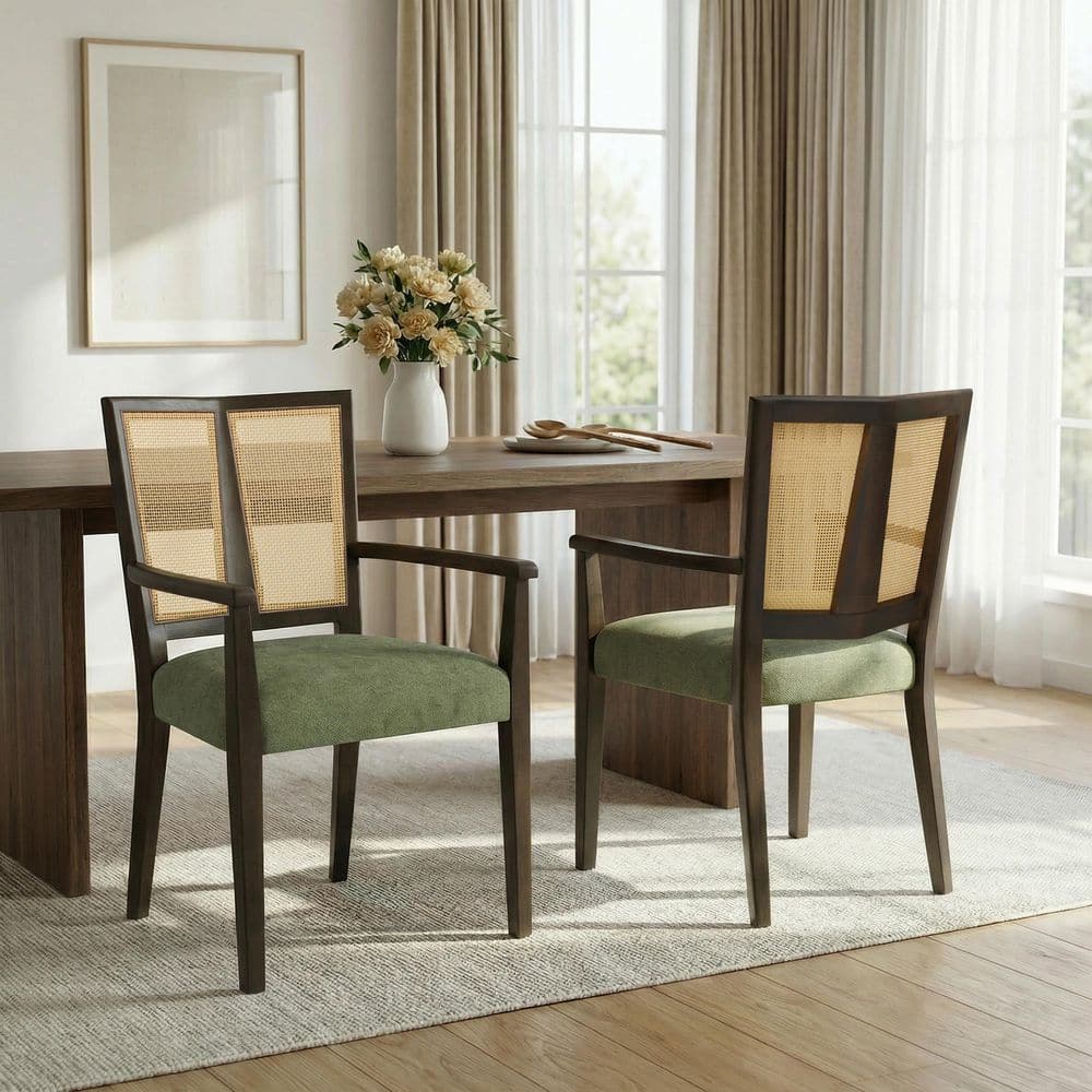 Green and Dark Brown Upholstered Fabric Seat Wicker Back Solid Rubberwood Frame Arm Dining Chair Set of 2 price history on PriceWatchPro