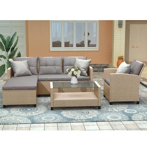 Boosicavelly Wicker Outdoor Sectional Set with Beige Brown Cushions