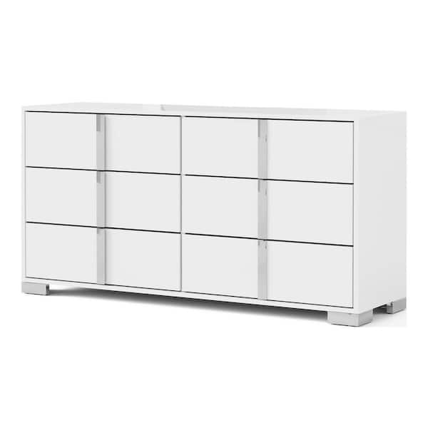 Mesala White 6-Drawer 61 in. Dresser with Chrome Accents and Legs, Vertical Chrome Handles