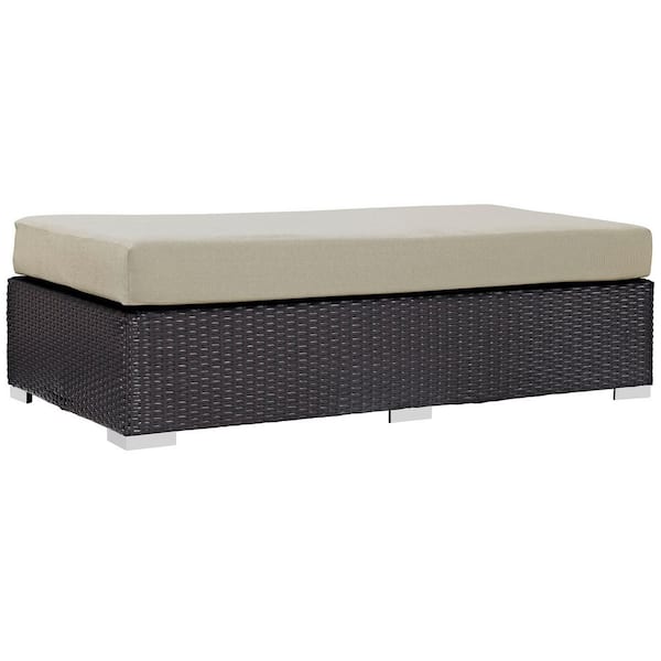 MODWAY Convene Wicker Outdoor Patio Fabric Rectangle Ottoman in Espresso with Beige Cushion
