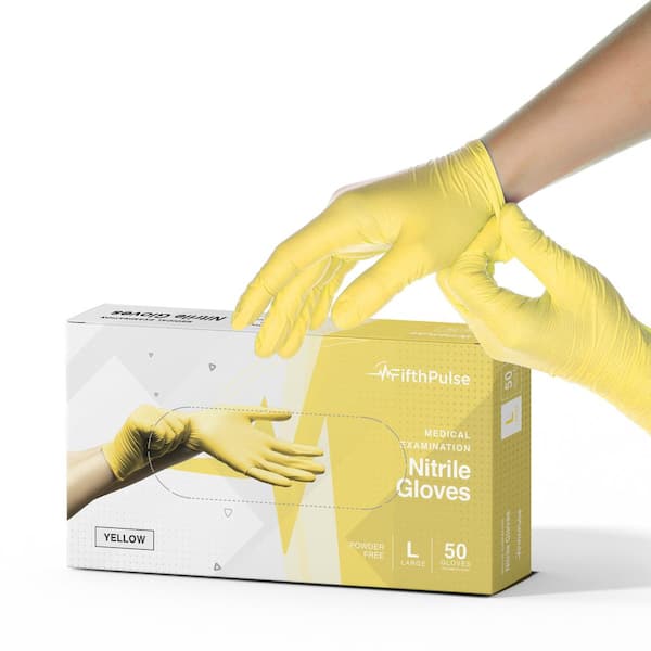 FifthPulse Large Nitrile Exam Latex Free and Powder Free Gloves in Yellow - Box of 50