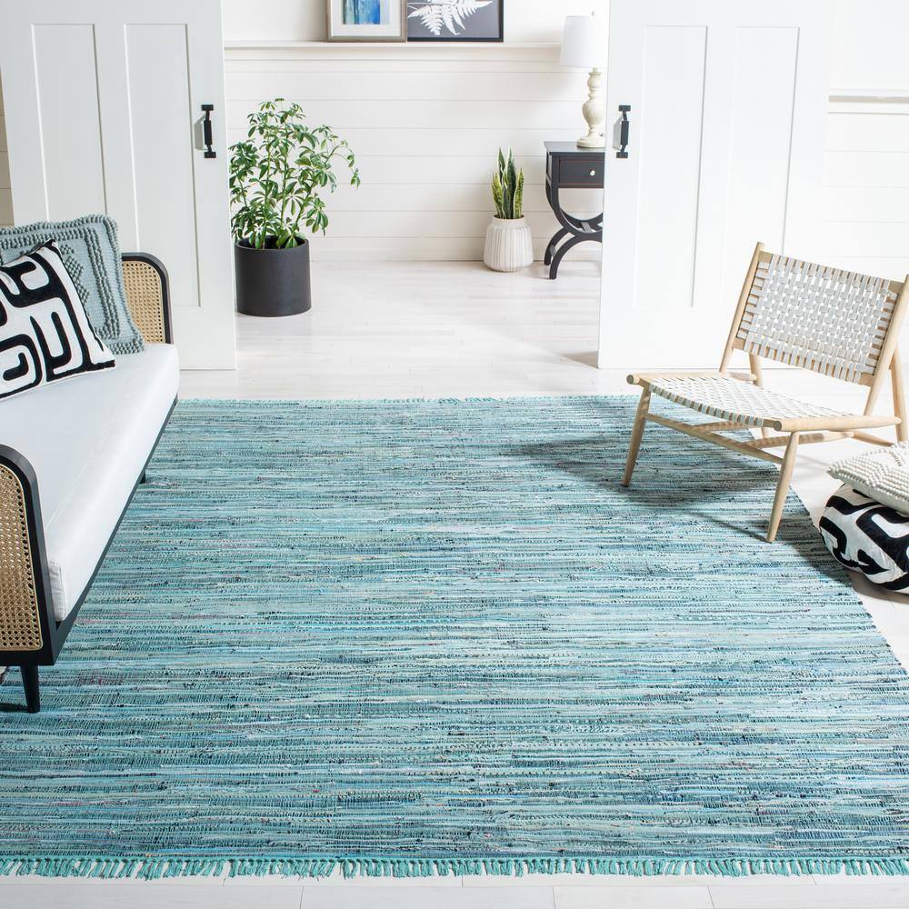 Turquoise & Multi Handwoven Boho Stripe Cotton Rug 10' x 14'