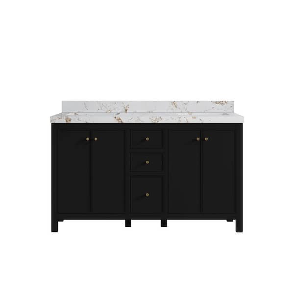 Willow Collections Chicago 60 in. W x 22 in. D x 36 in. H Double Sink Bath Vanity in Black with 2 in. Viola Gold Qt. Top