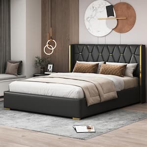 Black Wood Frame Queen PU Upholstered Platform Bed with Headboard