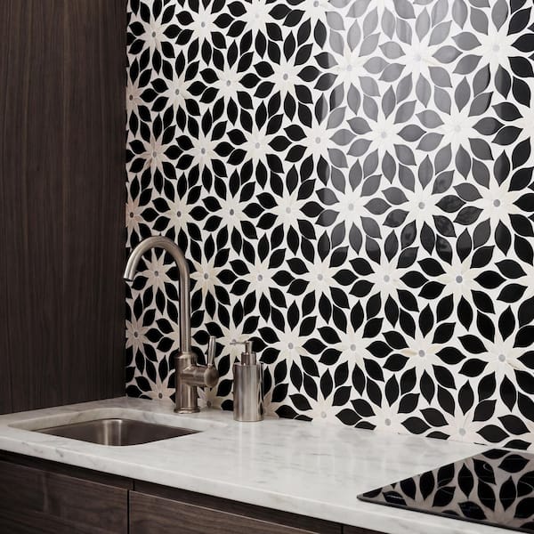 Thistle Black 12.4 in. x 14.13 in. Polished Marble Mosaic Tile (1.21 sq. ft./Sheet)