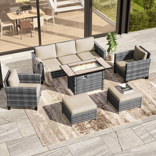 6-Piecess Patio Conversation Set with Rectangle Fire Pit Table, Gray Wicker Wide Armrests Sofa with Beige Cushion