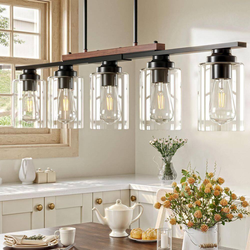 5-Light Farmhouse Kitchen Island Linear Chandelier – Rustic Wood & Matte Black Pendant With Clear Glass Shades – Adjustable Height For Dining Room Table