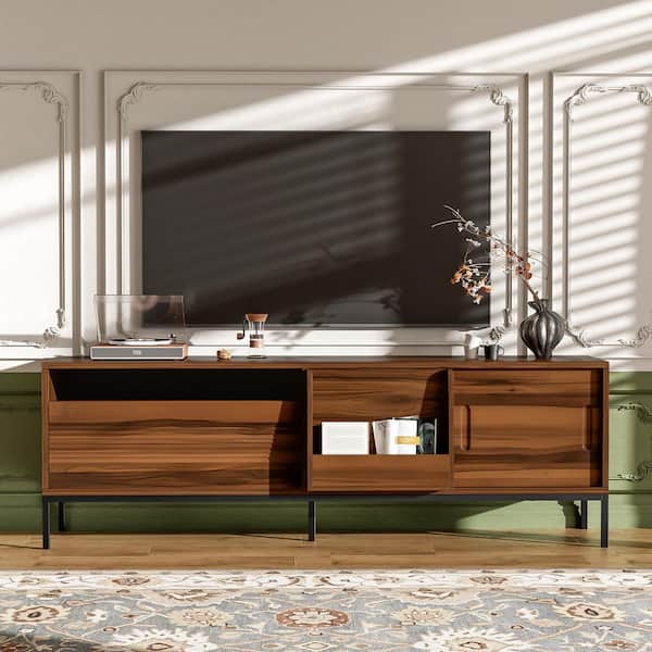 71in. Walnut TV Stand Entertainment Center Fits TV's up to 75in. with Sliding Doors and Adjustable Shelves