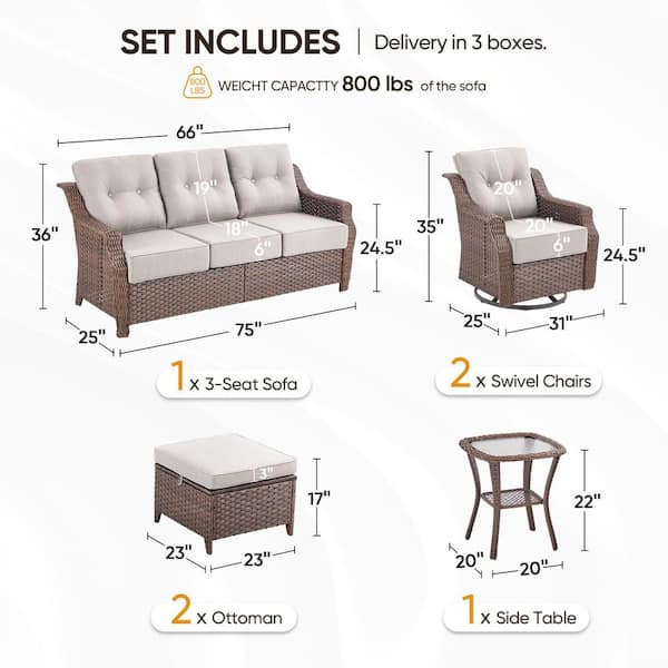 Modern Farmhouse 6-Piece Brown Wicker Patio Conversation Set with 6 In. Beige Cushions/3-Seat Sofa with Swivel Chairs