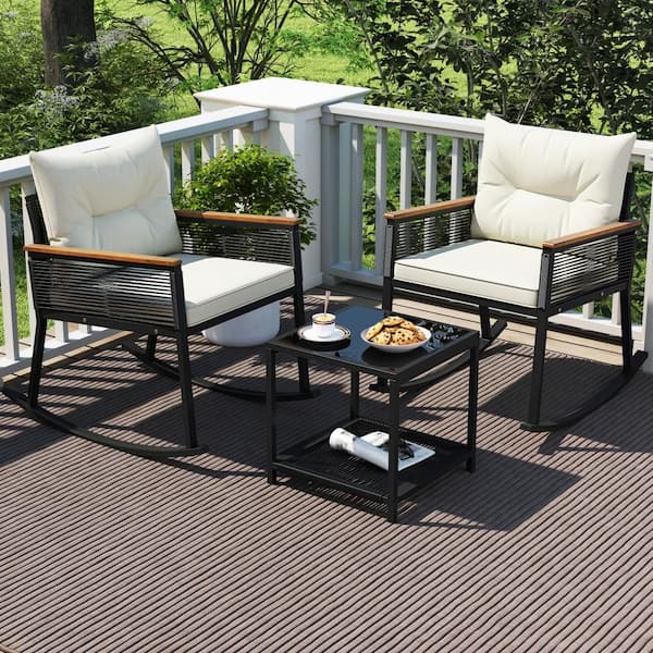 3 PCS Patio Rocking Bistro Set Outside Wicker Rockers w/ 2-Tier Tempered Glass Coffee Table