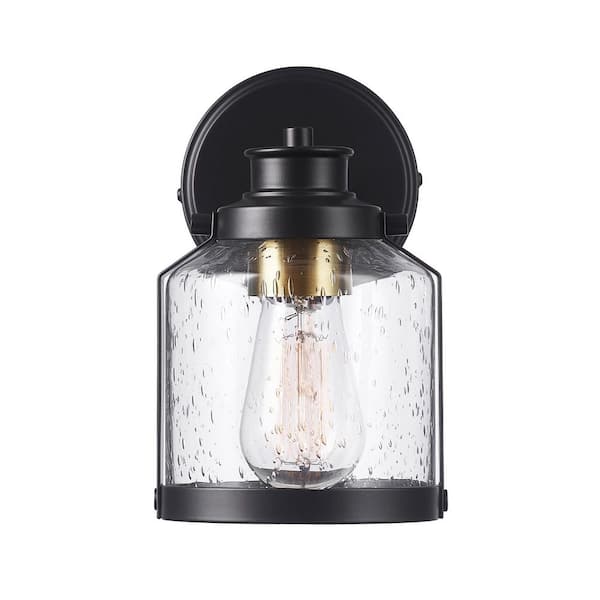 Roy 1-Light Bronze Plug-In or Hardwire Wall Sconce with Antique Brass Accent and Seeded Glass Shade