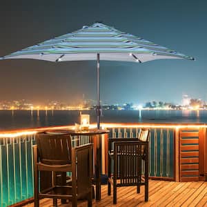 8.7 ft. Market Patio Umbrella in Blue Stripes With 24 LED Lights， Push Button Tilt and Crank