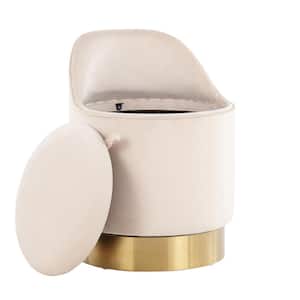 Marla 21.5 in. Cream Velvet and Gold Metal Low Back Short Vanity Stool with Storage