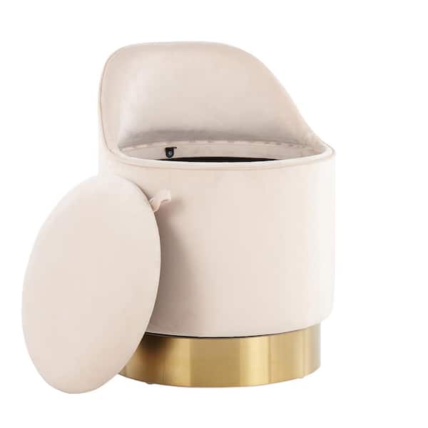 Lumisource Marla 21.5 in. Cream Velvet and Gold Metal Low Back Short Vanity Stool with Storage