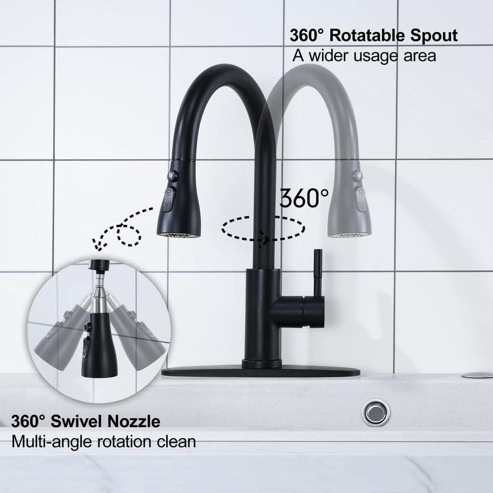 Matte Black Stainless Steel High-Arc Kitchen Faucet with Pull-out Spray