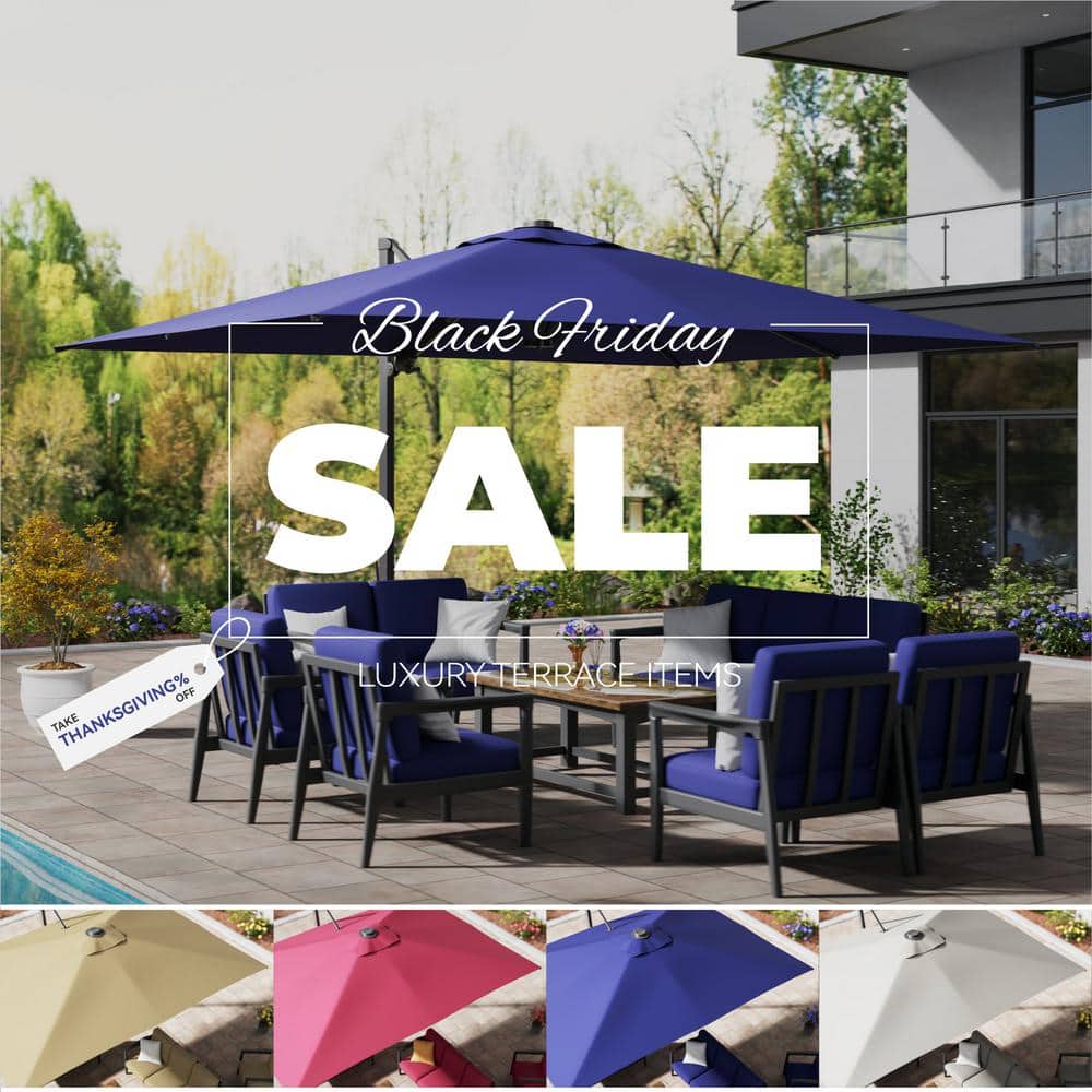 Navy Blue Rectangular Cantilever Patio Umbrella with LED Light and Stand