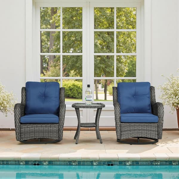 Uixe 3-Piece Wicker Gray Patio Swivel Outdoor Rocking Chair Set with Royal Blue Cushions and Table