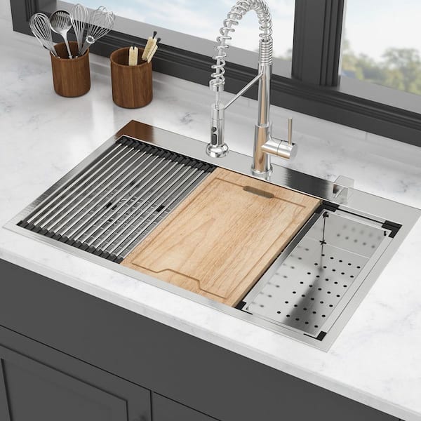 33 in. Drop-In Single Bowl 16 Gauge Brushed Nickel Stainless Steel Kitchen Sink with Workstation