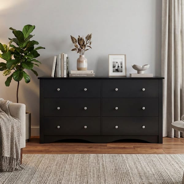 47.2 in. 6-Drawer Double Dresser, MDF Chest Of Drawers Storage Tower Storage for Living Room Bedroom, Black