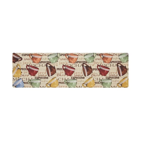 Coffee Cup Party Beige 17.5 in. x 60 in. Global Synthetic Kitchen Mat