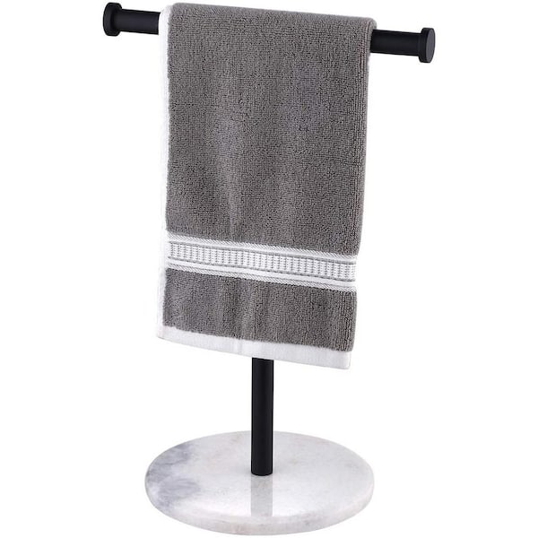ACEHOOM Countertop Single T-Shape Towel Rack Holder with Natural Marble Base in Matte Black
