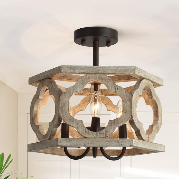 Rustic 14 in. Drum Antique Wood 3-Light Semi-Flush Mount Entryway/Hall/Bedroom Ceiling Light with Bronze Candle Holders