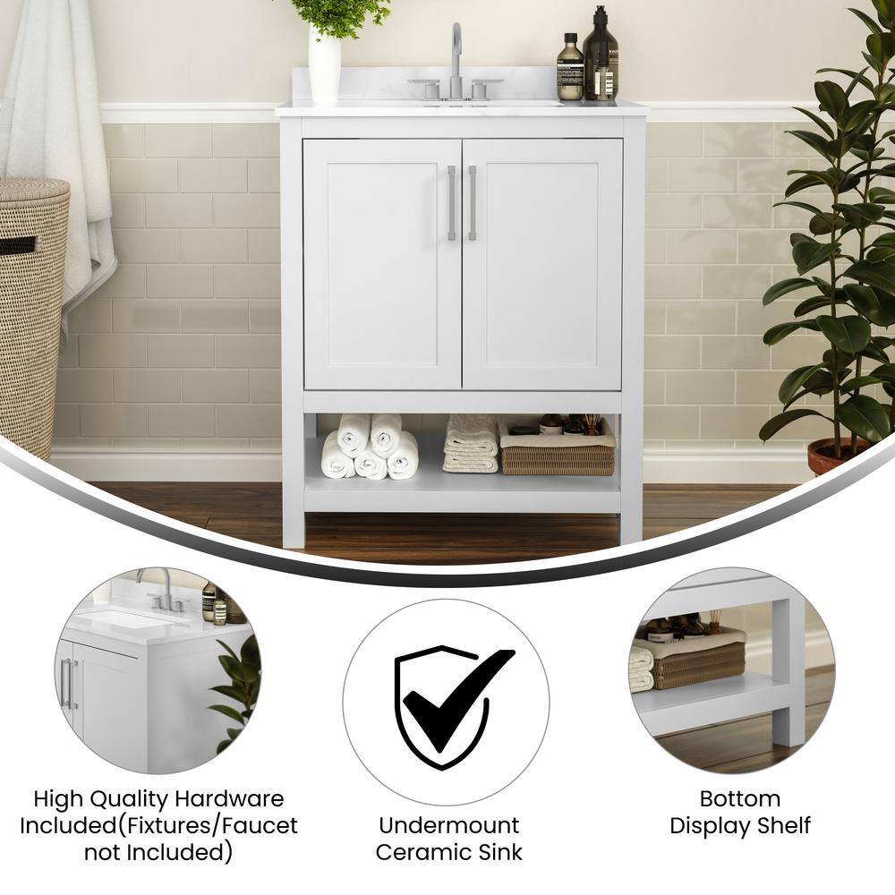 30" White Freestanding Bathroom Vanity with Carrara Marble Countertop
