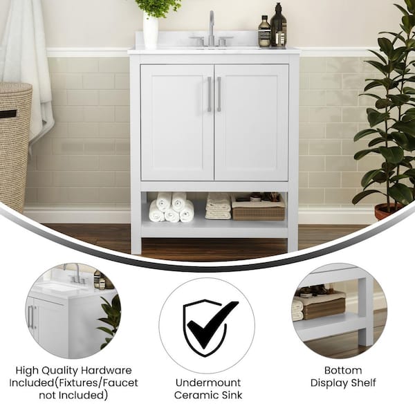 30 in. W x 19 in. D x 38 in. H Bathroom Vanity in White with White Stone Top
