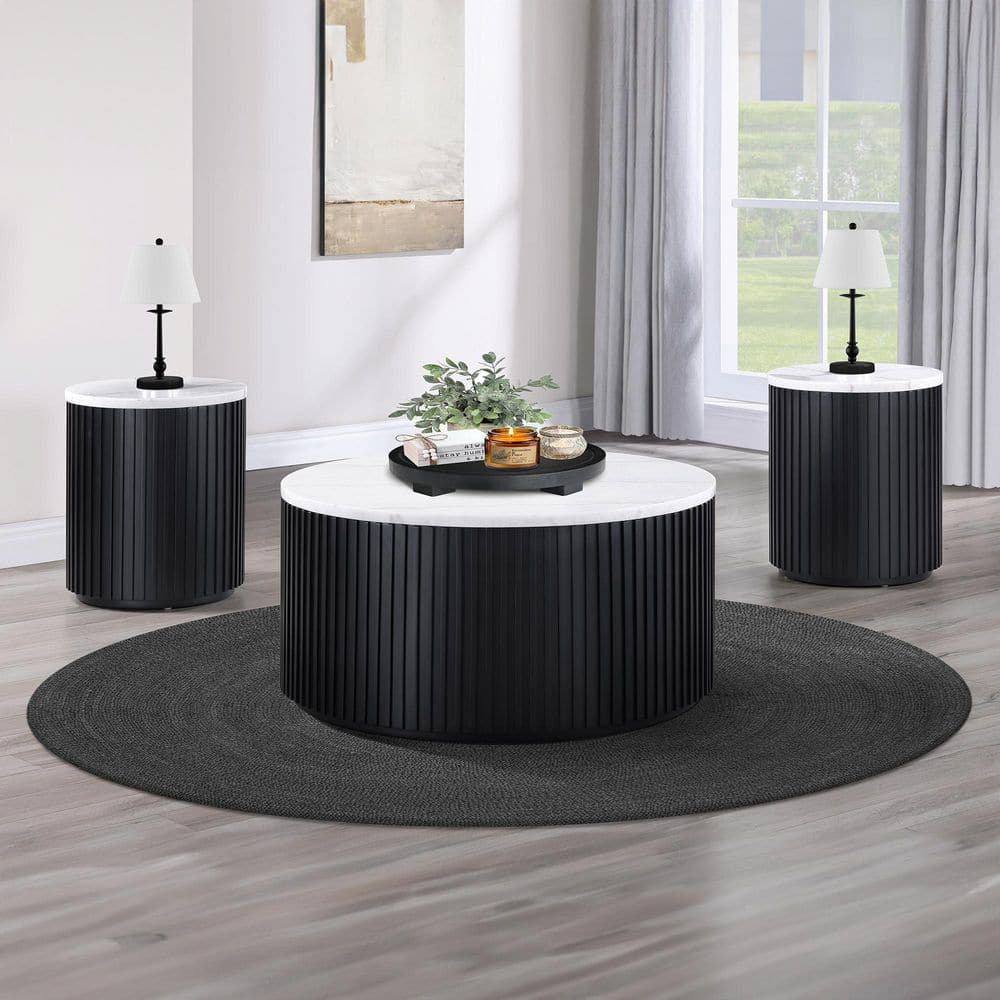 Colvin 36" White Marble Round Black Coffee Table and 2 End Table, 3 Piece Set