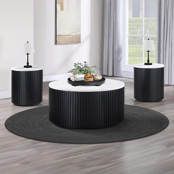 Colvin 36" White Marble Round Black Coffee Table and 2 End Table, 3 Piece Set