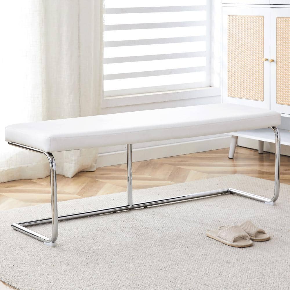 Noble House Feryon White 50.7 in. Upholstered PU Leather Bedroom Bench Metal Base 115182 The Home Depot