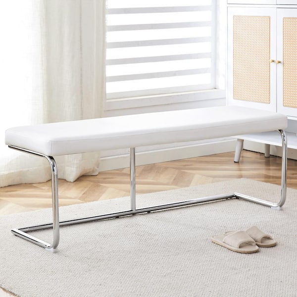 Noble House Feryon White 50.7 in. Upholstered PU Leather Bedroom Bench, Metal Base