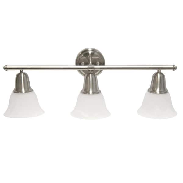 Simple Designs 26.5 in. 3-Light Brushed Nickel Straight Metal Bar and Frosted Marble White Glass Shades Decorative Vanity Light