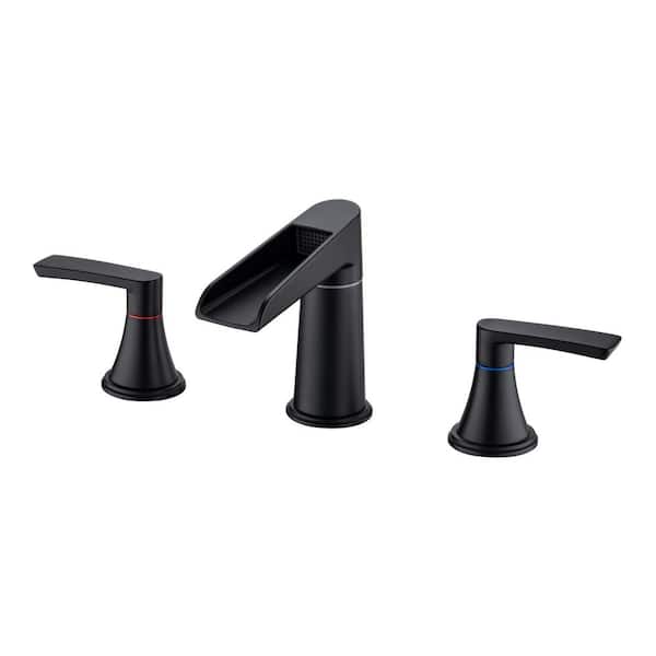 FLG 8 in. Widespread Double Handle Bathroom Faucet with Drain Kit Included 3-Holes Brass Sink Vanity Faucets in Matte Black