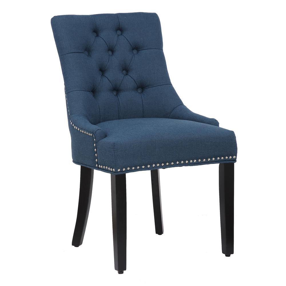 High Back Blue Linen Upholstered Wood Side Chair