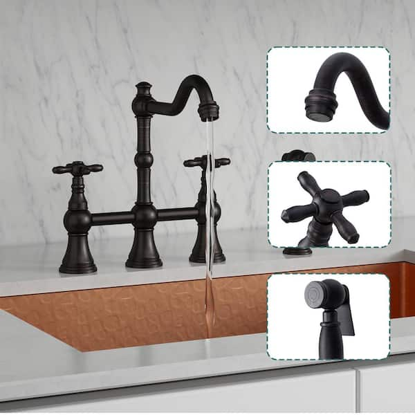 Bridge Kitchen Faucets - Solid Brass Kitchen Faucet with Side Sprayer- 2 Cross Handles, Oil Rubbed Bronze, AK96718N1