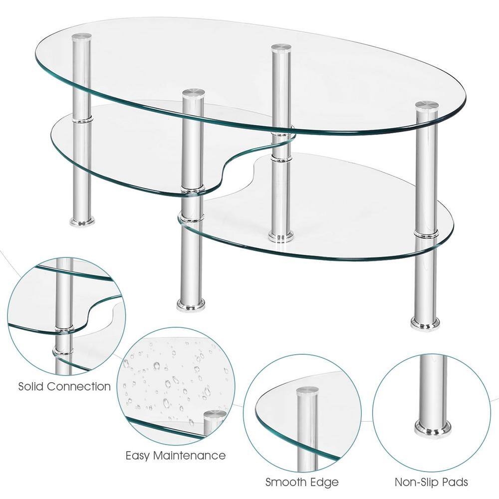 Transparent Oval Tempered Glass Coffee Table with Metal Legs