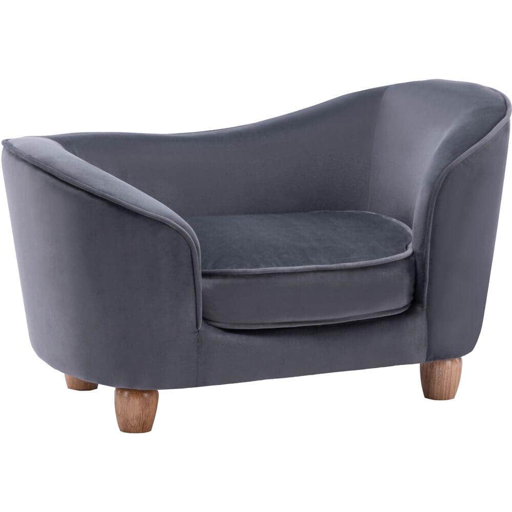 Small Gray Faux-Velvet Elevated Oval Pet Bed with Wood Legs