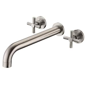 Cross Double Handle Wall Mount Roman Tub Faucet with Valve in Brushed Nickel
