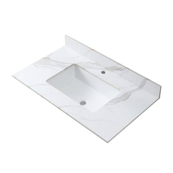 WELLFOR 37 in. W x 22 in. D Sintered Stone Carrara White Rectangular Ceramic Single Sink Bathroom Vanity Top in White, 1-Hole
