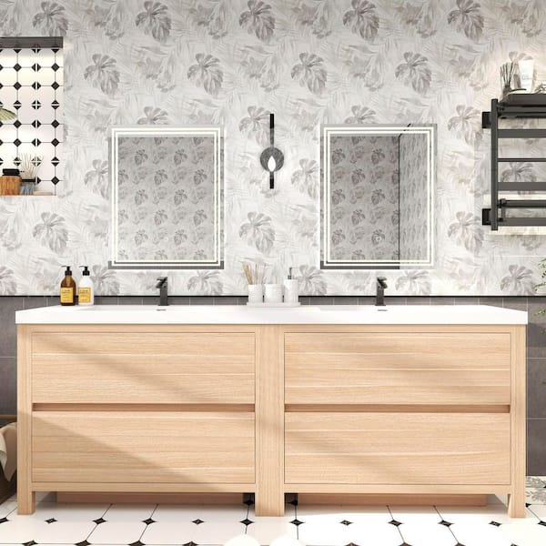 Louis 84 in. W x 20 in. D x 35 in. H Double Sink Freestanding Bath Vanity in Champagne Oak with White Acrylic Top