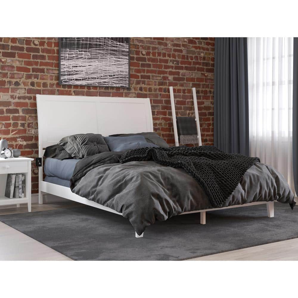 Portland White Wood Queen Sleigh Bed Frame with USB Charger