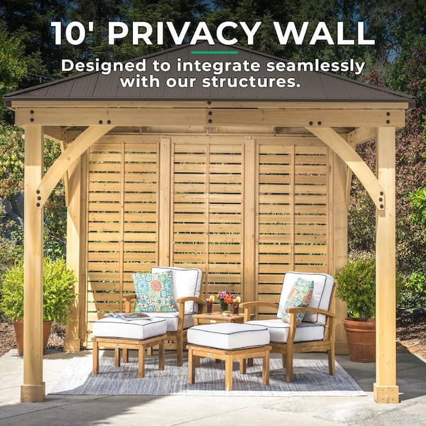 Meridian 10 ft. x 12 ft. Premium Cedar Outdoor Patio Shade Gazebo with a 10 ft. Privacy Wall and Brown Aluminum Roof