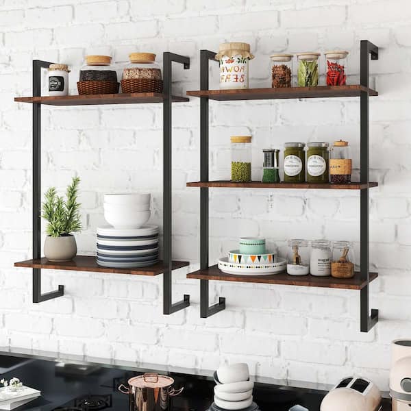 24.02 in. W x 11.81 in. D Brown Decorative Wall Shelf, Wood Hanging Storage Bookshelf, Hanging Wall Shelves for Kitchen