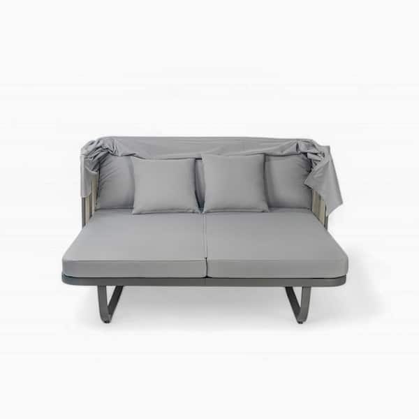 57 in. Metal Outdoor Day Bed with Gray Cushions and Pillows