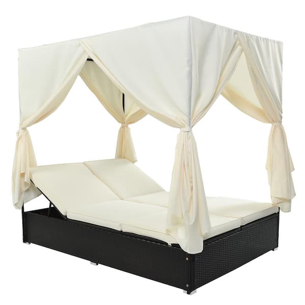 Sudzendf Black Patio Wicker Outdoor Sunbed Day Bed with Beige Cushions and Curtains, Adjustable Seats