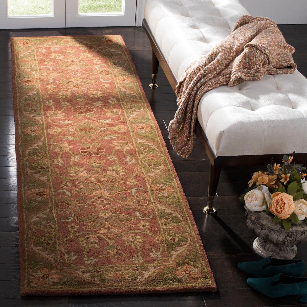 Handmade Green and Rust Wool Oriental Runner Rug
