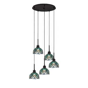 Albany 60-Watt 19.25 in. 5-Light Espresso Cord Pendant Light Turquoise Cypress Art Glass Shade No Bulbs included