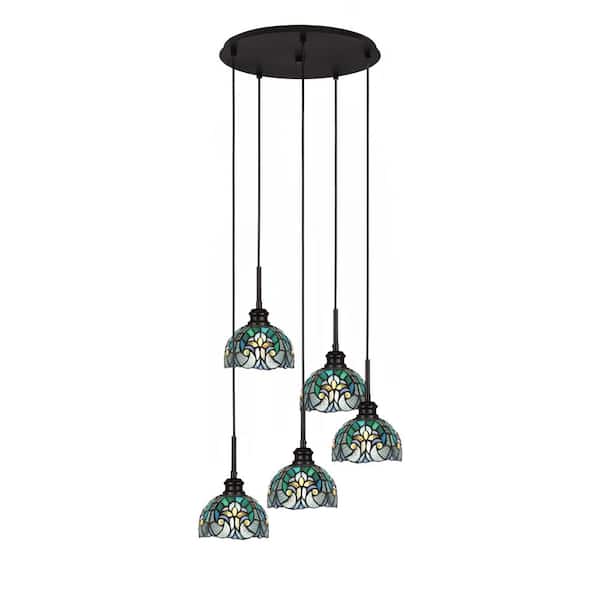 Unbranded Albany 60-Watt 19.25 in. 5-Light Espresso Cord Pendant Light Turquoise Cypress Art Glass Shade No Bulbs included