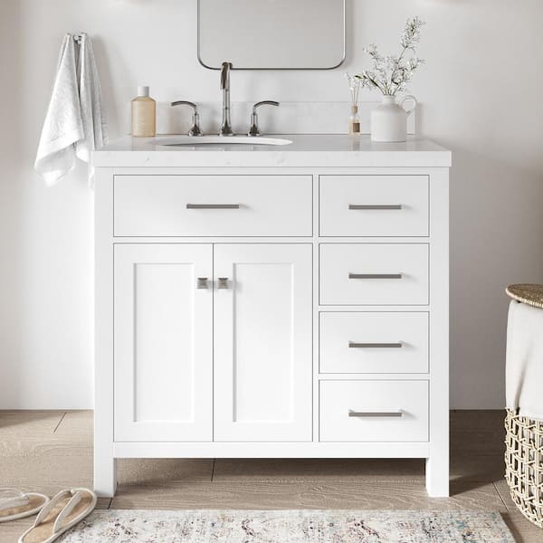 ARIEL Bristol 36.25 in. W x 22 in. D x 36 in. H Single Sink Freestanding Bath Vanity in White with Carrara White Quartz Top
